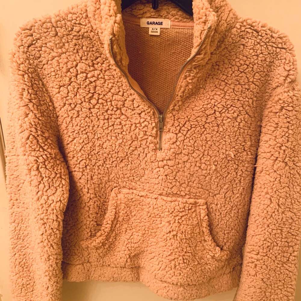 Garage, Medium, light pink, Teddy bear zip-up crop pullover